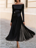 Off Shoulder Long Sleeve Satin Chiffon Maxi Dress
