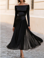 Off Shoulder Long Sleeve Satin Chiffon Maxi Dress