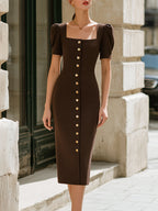 Square-Neck Double-Breasted Tailored Midi Dress