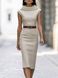 Cowl Neck Sleeveless Belted Sheath Midi Dress