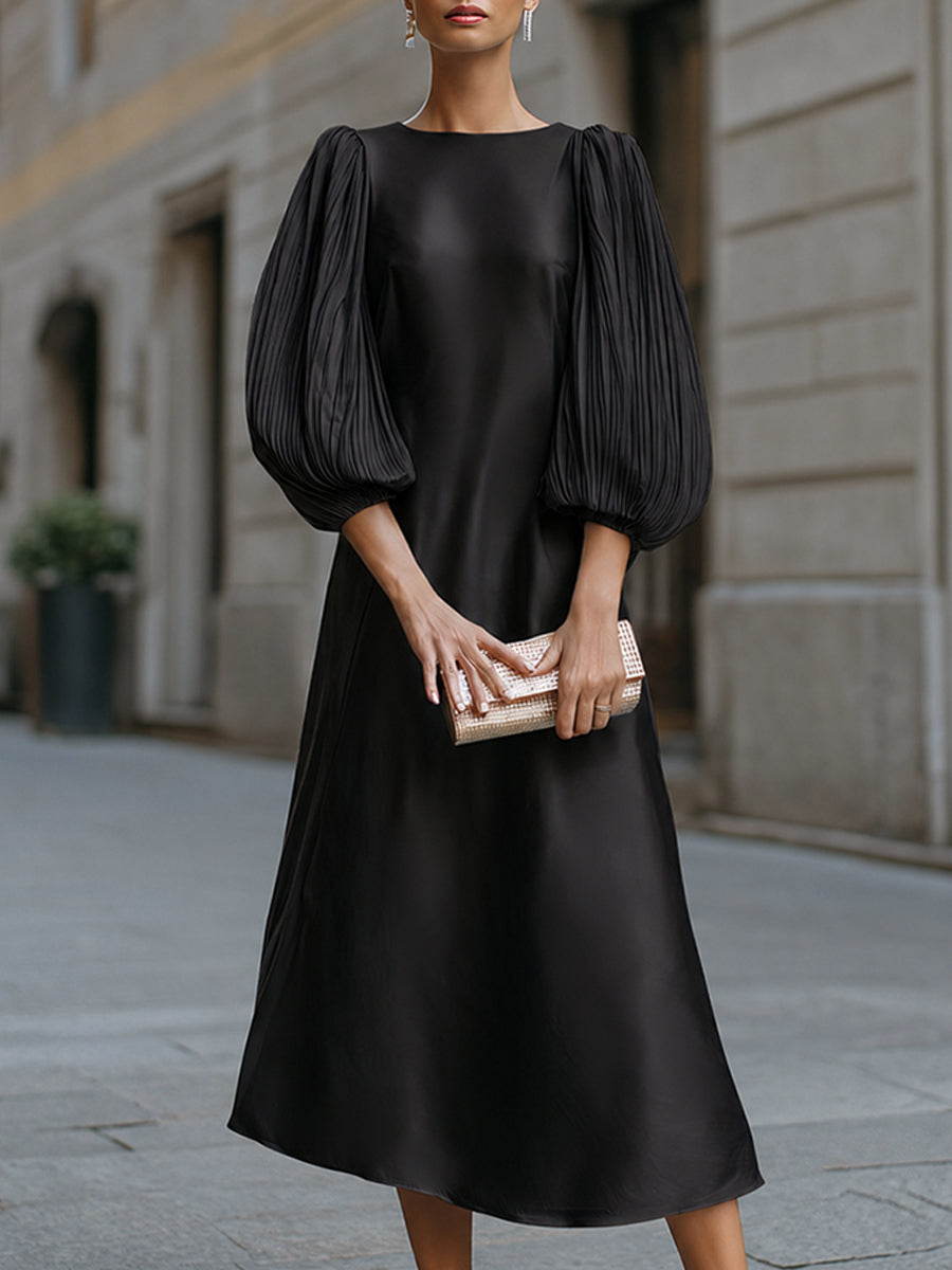 Minimalist Crew Neck A-Line Satin Midi Dress Pleated Puff Lantern Sleeves
