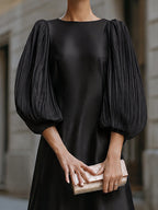 Minimalist Crew Neck A-Line Satin Midi Dress Pleated Puff Lantern Sleeves