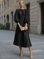 Minimalist Crew Neck A-Line Satin Midi Dress Pleated Puff Lantern Sleeves