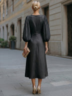 Minimalist Crew Neck A-Line Satin Midi Dress Pleated Puff Lantern Sleeves