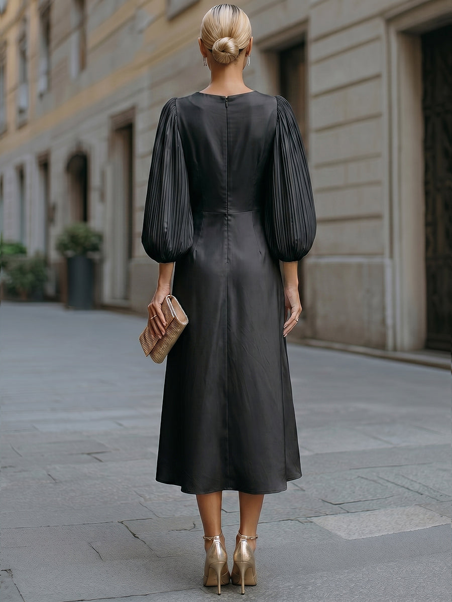 Minimalist Crew Neck A-Line Satin Midi Dress Pleated Puff Lantern Sleeves