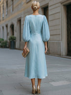 Minimalist Crew Neck A-Line Satin Midi Dress Pleated Puff Lantern Sleeves