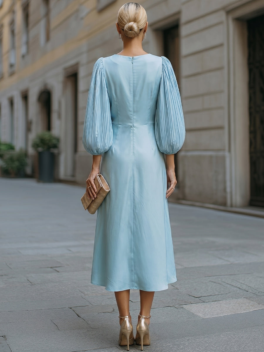 Minimalist Crew Neck A-Line Satin Midi Dress Pleated Puff Lantern Sleeves