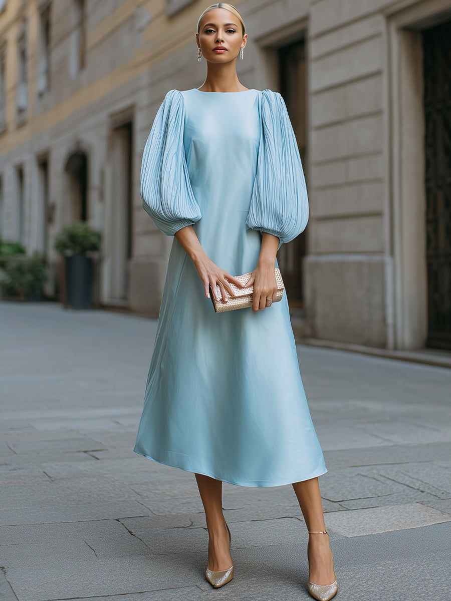 Minimalist Crew Neck A-Line Satin Midi Dress Pleated Puff Lantern Sleeves
