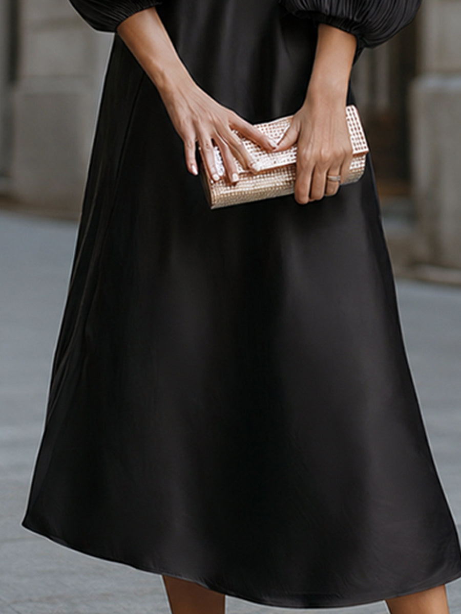Minimalist Crew Neck A-Line Satin Midi Dress Pleated Puff Lantern Sleeves