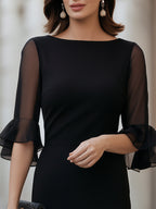 Elegant Sheer Sleeve Ruffle Cuff Sheath Midi Dress