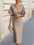 Elegant Satin Wrap Midi Dress With Draped Cape Sleeves