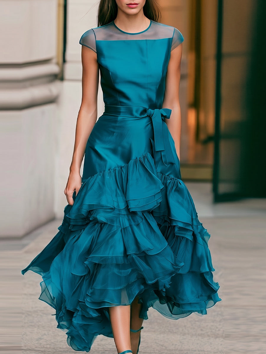 Cap Sleeve Mesh Neck Satin Wrap Dress Multi-Layer Ruffle Asymmetrical Hem
