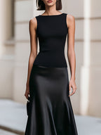 Boat Neck Sleeveless Two-Tone Crepe & Satin Midi Dress