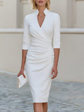 Stand Collar V-Neck 3/4 Sleeve Side Ruched Wrap Midi Dress