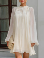 Pleated Chiffon High Neck Long Sleeve Mini Dress