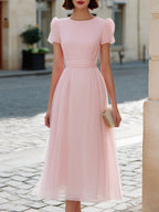 Puff Short Sleeve A-Line Chiffon Midi Dress