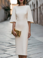 Elegant Boat Neck Midi Dress With Flared Bell Sleeves