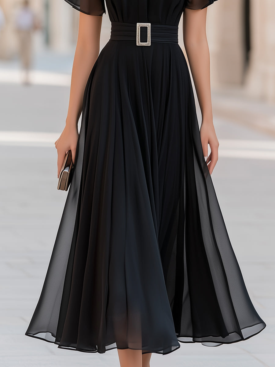 Semi-sheer Yoke Belted Chiffon Midi Dress