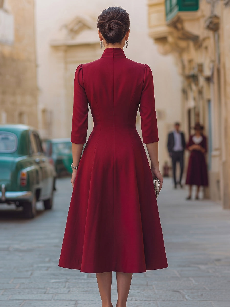 Rhinestone Embellished Bow Collar Red Tailored Swing Midi Dress