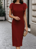 Elegant Boat Neck Sheath Midi Dress Flutter Sleeve Design