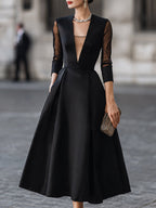 Plunging V Neck Sheer Mesh Sleeve Glossy Satin Swing Midi Dress
