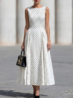 Sleeveless Boat Neck Polka Dot Fit-and-Flare Midi Dress