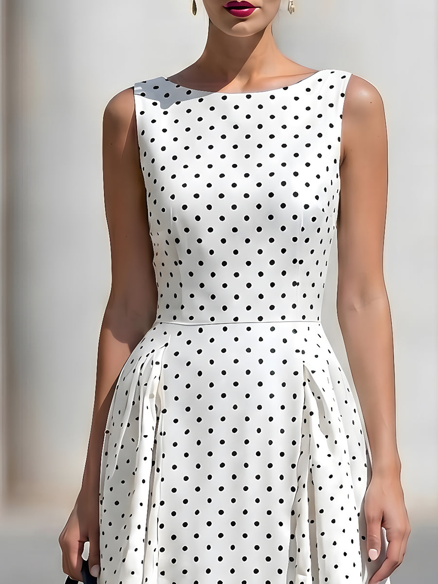 Sleeveless Boat Neck Polka Dot Fit-and-Flare Midi Dress