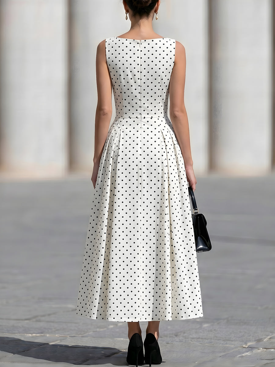 Sleeveless Boat Neck Polka Dot Fit-and-Flare Midi Dress