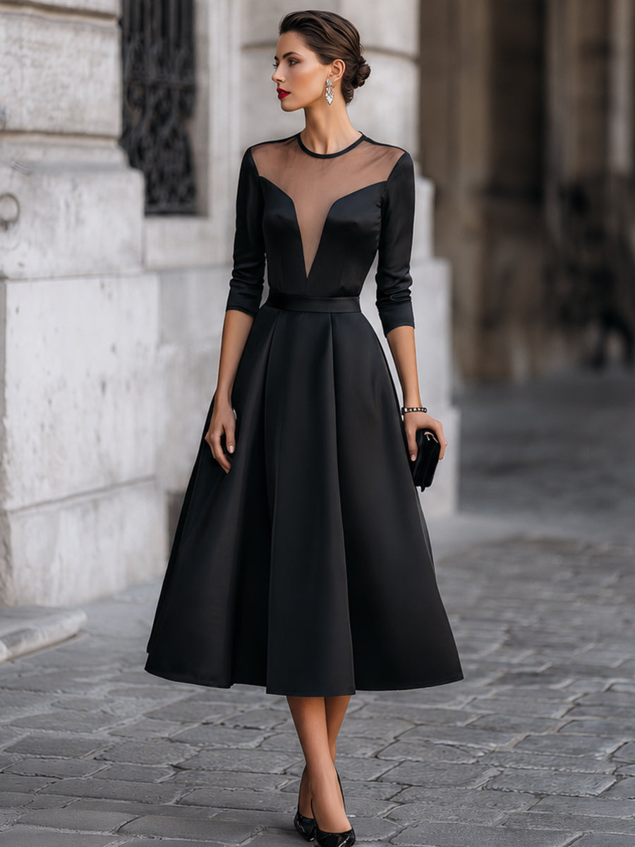 Elegant Formal Sheer Mesh Sweetheart V Bodice Swing Midi Cocktail Gown