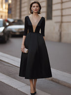 Contrast Gold Glitter V-Neck Three-Quarter Sleeve Full A-Line Midi Dress