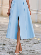 Round Neck Sleeveless Pleated Front Slit Midi Dress