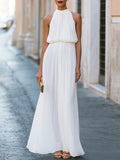 Pleated Halter Neck Ruched Waist Chiffon Maxi Dress
