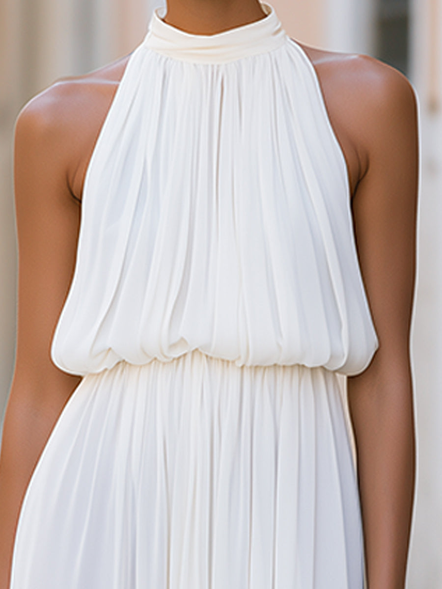 Pleated Halter Neck Ruched Waist Chiffon Maxi Dress