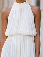 Pleated Halter Neck Ruched Waist Chiffon Maxi Dress