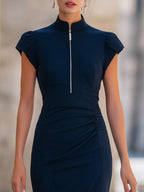 Mock Neck Half-Zip Ruched Pencil Midi Dress
