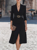 Notched Lapel Three-Quarter Sleeve Belted A-Line Midi Dress