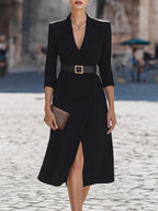 Notched Lapel Three-Quarter Sleeve Belted A-Line Midi Dress