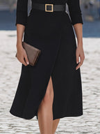 Notched Lapel Three-Quarter Sleeve Belted A-Line Midi Dress