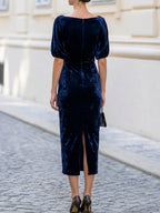 Velvet Cowl Neck Puff Short Sleeve Bodycon Midi Dress