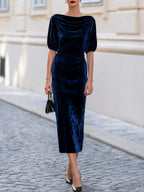 Velvet Cowl Neck Puff Short Sleeve Bodycon Midi Dress