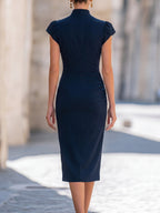 Mock Neck Half-Zip Ruched Pencil Midi Dress