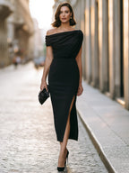 Black Off-Shoulder Draped Midi Dress Side Slit Elegant Evening Sheath Dress