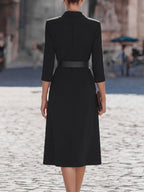 Notched Lapel Three-Quarter Sleeve Belted A-Line Midi Dress