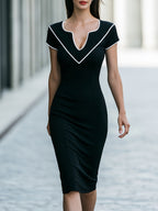 Piping V-Neck Bodycon Midi Dress