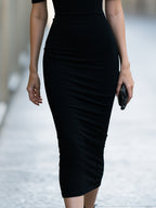 Sheer Mesh Puff Sleeve Bodycon Midi Dress