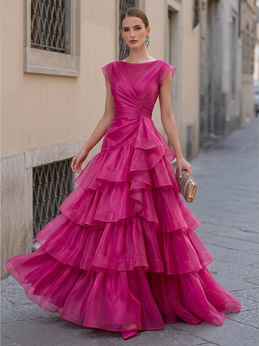 Sheer Organza Layered Ruffle Maxi Dress Wedding Guest Formal Evening Gown