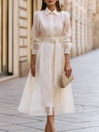 Elegant Belted Sheer Sleeve Shirt Maxi Dress