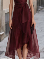Cowl Collar Wrap Waist Asymmetrical Organza Formal Midi Gown