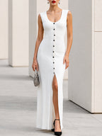 Sleeveless U-Neck Button-Detail Slit Maxi Dress