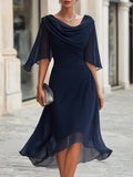 Cowl Drape Neck Sheer Chiffon Cape Sleeves Side Ruched High Low Midi Dress